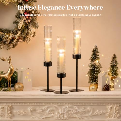 Glasseam Black Candlestick Holders, 6Pcs Fluted Glass Hurricane with Taper - Image 3