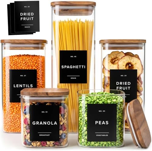 Glass Pantry Storage Jars Containers with Acacia Lids and Labels - Set of 5 by EDELHAUS