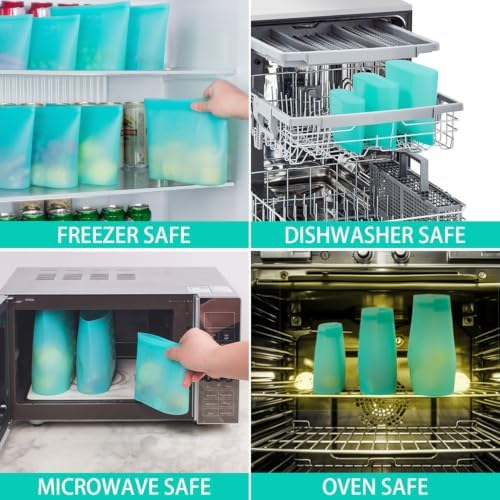 Reusable Food Bags, 12 Pack 100% Silicone Food Storage Bags Stand Up Zip Lock Container, Freezer Microwave Oven Dishwasher Safe, 4 Medium 4 Small 4 Extra Small, Aqua - Image 6