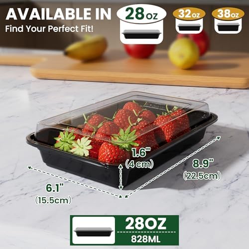 28oz Meal Prep Containers [50-Pack], Reusable Bento Box with Easy-Snap Leakproof Lids - Microwave, Dishwasher & Freezer Safe Food Storage, BPA-Free Plastic Lunch Containers (Black) - Image 3