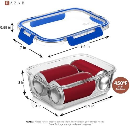 Razab 2 Pcs 1860ml / 63 Oz Large Glass Food Storage Containers with Lids - Glass Meal Prep Containers with Locking Lids for Roasting, Storing Leftover, Lunch Container, BPA Free, Microwave & Oven Safe - Image 4