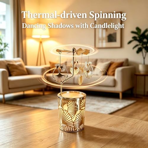 kingnero Gold Rotary Candle Holder Spinning Tea Light Candlestick Windmill Carousel Candle for Children's Gifts Christmas Birthday Party and Home Decoration (Golden Apricot Leaves) - Image 3