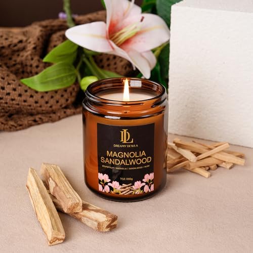 Magnolia & Sandalwood Scented Candles, Soy Candle for Home Scented, Amber Jar Candles Gifts for Men Women, 7oz - Image 2