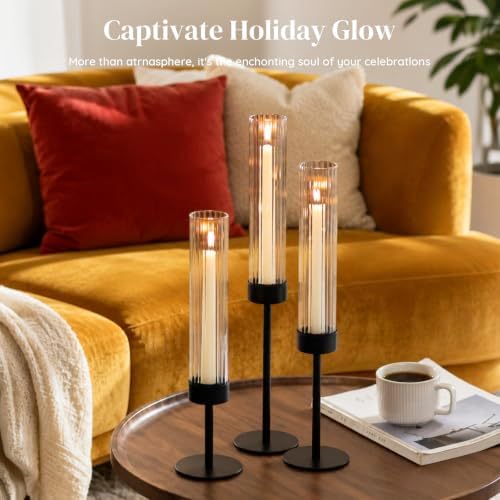 Glasseam Hurricane Taper Candle Holders, 3Pcs Black Candlestick for Mantle - Image 2