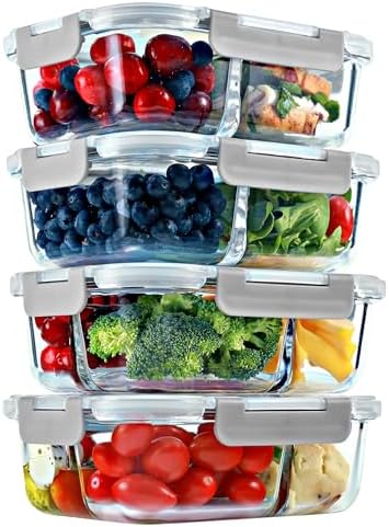 Glass Meal Prep Containers 2 & 3 Compartment, Leak-Proof Lids 32 oz 4 Pack by FITSTRONGHEALTHY