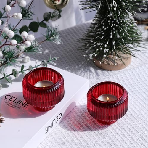 Woho Red Ribbed Taper Candle Holders Set of 4 for Christmas Decorations - Image 5