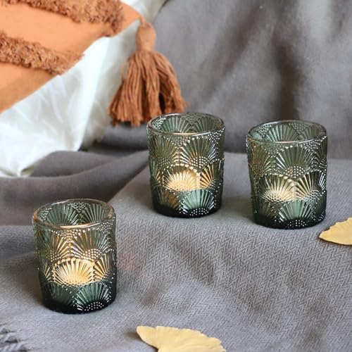 Woho Green Votive Candle Holders Set of 12, Green Glass Tealight Candle Holder for Wedding Party Table Centerpiece, Tea Lights Candle Holder Vintage for Fall Thanksgiving Christmas Decor - Image 2