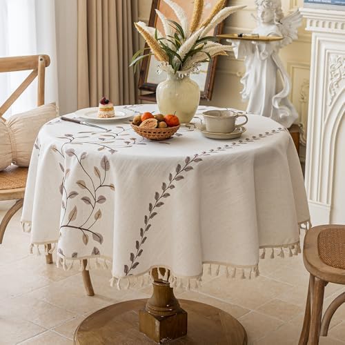 Joyfol Day Round Linen Tablecloth, Heavy Duty Waterproof Tablecloths, Farmhouse Embroidery Leaves Table Cloth with Tassels, Soft Wrinkle Free Table Cover, Coffee Vines, 55 inch - Image 2