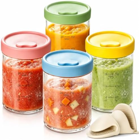 24oz Glass Soup Freezer Containers Set with Silicone Airtight Lid, 4 Pack by Evjeal