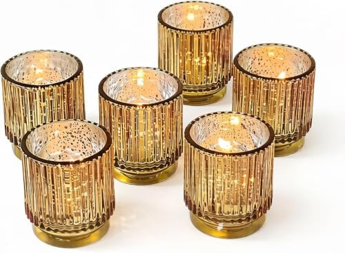 Kate Aspen Gold Votive Candle Holders-Vintage Ribbed Glass Candle Holder Set of 6-Mercury Glass Tealight Holders for Christmas Table Decor,Holiday Centerpieces,Fall Thanksgiving Tablescape (Pack of 6) by KateAspen