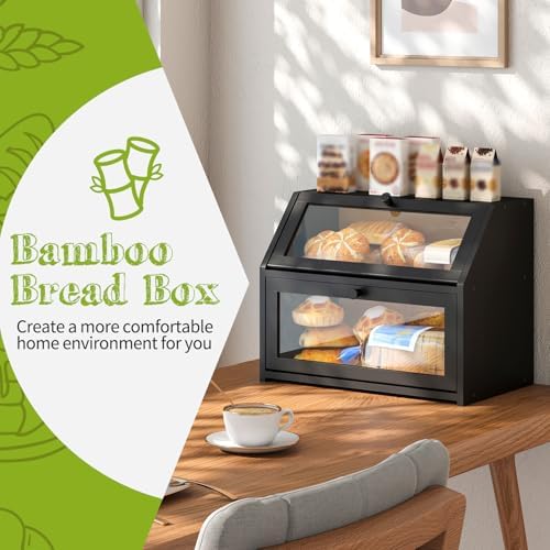 BMOSU Farmhouse Bread Box for Kitchen Countertop Bread box Double Layer Bamboo Wooden Extra Large Capacity Bin Kitchen Food Storage Container(Black) - Image 2