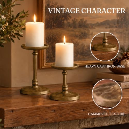 PERFNIQUE Cast Iron Pillar Candle Holders Set of 2 Antique Gold Candle Tray - Image 2