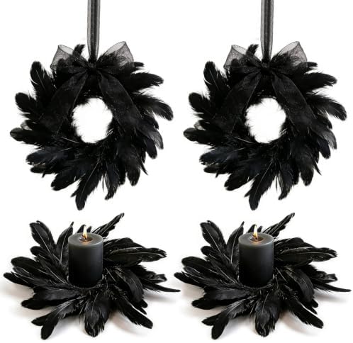4 Pcs Black Crow Feather Halloween Mini Candle Ring Wreaths Gothic Black Feather Artificial Pillar Candle Holder Wreath for Spooky Dark Home Cabinet Table Porch Decoration by EYNDYN