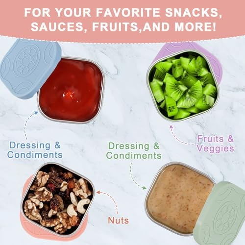 Caperci 4-Pack Stainless Steel Snack Containers with Silicone Lids - 4.7oz Reusable Small Food Containers for Snacks Condiments, Salad Dressing Container, Leak-Proof, BPA-Free - Image 4