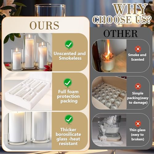 Homjoy 12 PCS White Pillar Candles with Glass Candle Holders Clear Hurricane Candle Holders Glass Cylinder Vases for Centerpieces Wedding Party, Event, Home Office (6 Candles+6 Candle Hoders) - Image 2