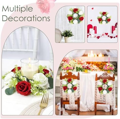 Crimson Rose Candle Rings with Flameless Candles Sets - 12PCS Artificial Flower Eucalyptus Wedding Centerpiece 3 Inch Pillar Candleholders Wreaths for Wedding Party Decor (Crimson - 6 Sets) - Image 5