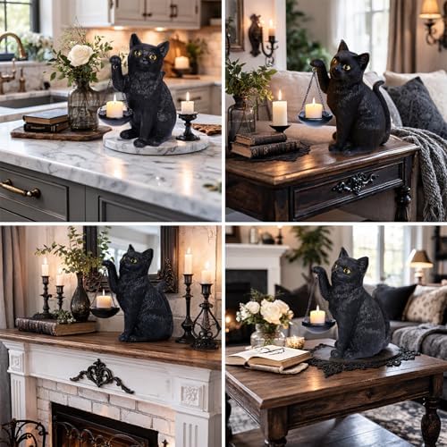 Gothic Black Cat Lamp with Tealight Candle Holder Cat Statue Halloween Decorations Indoor Gothic Home Decor for Living Room Tabletop Shelf Bedroom Unique Goth Witchy Gifts Decor - Image 2