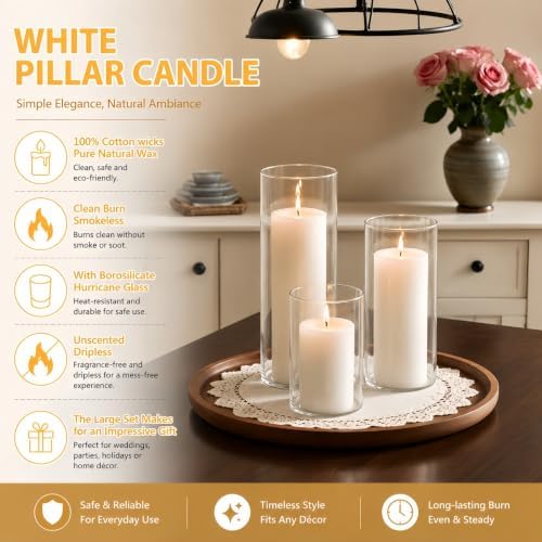24 Pcs White Pillar Candles with Glass Candle Holder Hurricane Glass Candle Holders Clear Cylinder Vases for Centerpieces Wedding Office Party Home Table Decor - Image 2