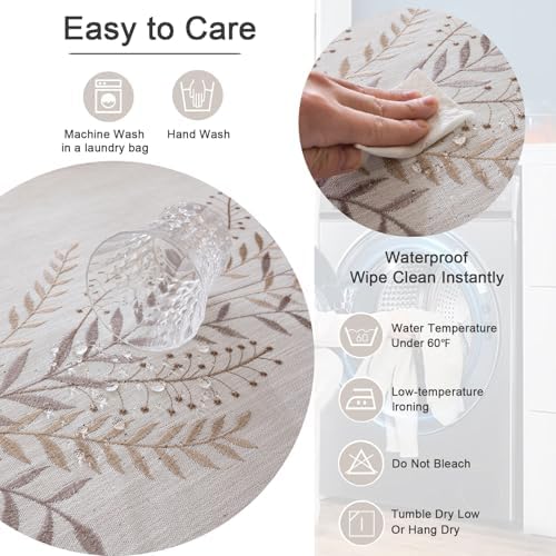 Joyfol Day Rustic Waterproof Linen Tablecloth, Heavy Weight Fern Embroidery Table Cloths for Rectangle Tables, Farmhouse Spill-Proof Table Covers with Tassels, Coffee 55''x 70'' - Image 5