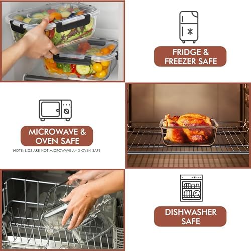 Razab 2 Pcs 1860ml / 63 Oz Large Glass Food Storage Containers with Lids - Glass Meal Prep Containers with Locking Lids for Roasting, Storing Leftover, Lunch Container, BPA Free, Microwave & Oven Safe - Image 5