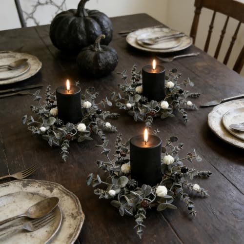 6 Pcs Grey Eucalyptus Halloween Mini Candle Ring Wreaths White Black Mini Pumpkin with Berry Accents Artificial Pillar Candle Holder Wreath for Gothic Rustic Home Cabinet Table Porch Decoration - Image 4
