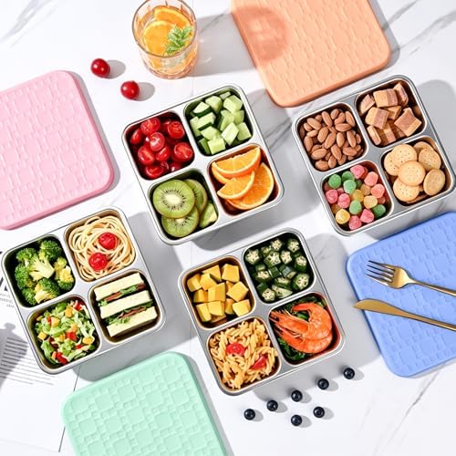 2 Pack Stainless Steel Snack Containers with Silicone Lids, Leakproof Bento Snack Boxes, Reusable 4 Compartment Metal Lunch Containers, Dishwasher Safe Food Storage for Meal Prep, Work & Travel (B) - Image 6