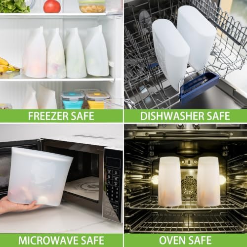 Reusable Food Storage Bags Half-Gallon, 4 Pack 100% Silicone Food Storage Bags Stand-Up Wide-Mouth Zip-Lock for Large Items, 67 fl.oz/2000 ml, Freezer Microwave Oven Dishwasher Safe, Translucent - Image 6