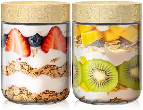 16 oz Overnight Oats Containers with Bamboo Lids, Glass Mason Jars 2 Pack by HomArtist