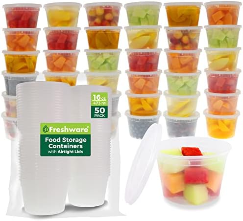 Freshware Food Storage Containers [50 Set] 16 oz Plastic Deli Containers with Lids, Slime, Soup, Meal Prep Containers | BPA Free | Stackable | Leakproof | Microwave/Dishwasher/Freezer Safe by Freshware
