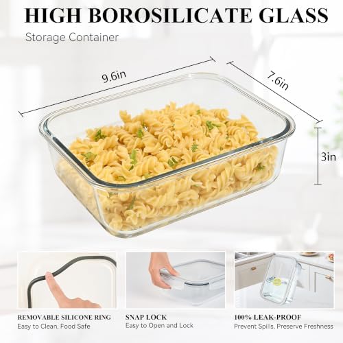 2 Pack 78 Oz / 9.8 Cups Large Glass Food Storage Containers with Lids, Meal Prep Containers for Baking, Serving, Glass Storage Container, BPA Free, Leakproof, Freezer, Microwave/Oven Safe - Image 3