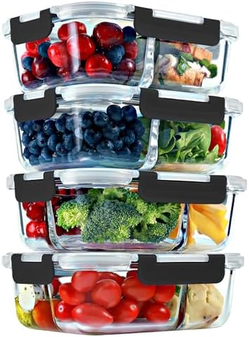 Glass Meal Prep Containers 2 and 3 Compartments, Leak-Proof, 32 oz, 4 Pack by FITSTRONGHEALTHY