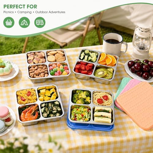2 Pack Stainless Steel Snack Containers with Silicone Lids, Leakproof Bento Snack Boxes, Reusable 4 Compartment Metal Lunch Containers, Dishwasher Safe Food Storage for Meal Prep, Work & Travel (B) - Image 5