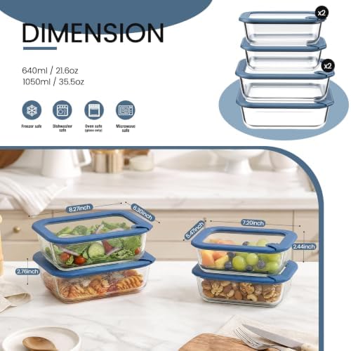 Taree Glass Food Storage Containers with Glass Silicone Lids,22/35oz, Blue - Image 2