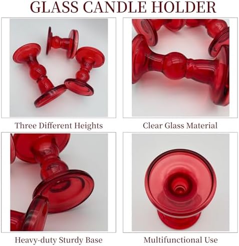 Red Glass Candle Holders 3 Pack Clear Candlestick Stand Table Centerpieces - Image 3