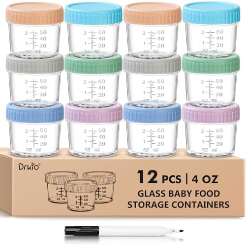 DRKIO 12 pcs Baby Food Storage Containers 4 Oz Small Glass Jars with Lids by DRKIO
