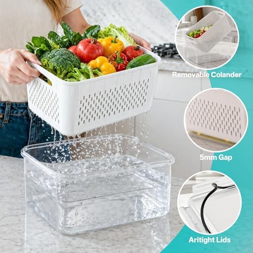 HOMETALL 8 Pack Fruit Storage Containers for Fridge with Strainer, BPA Free Fruit Cleaning Bowl Fridge Organizer, Plastic Fresh Keeper Set Refrigerator Organizer for Salad Berry Produce - Image 2