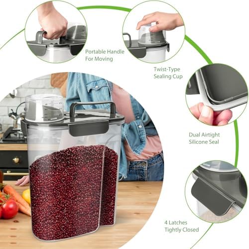Viretec Rice Storage Container, 15 to 20lb Dry Food Airtight Dispenser, Pet Dog Cat Food Canister, BPA Free Clear Plastic Kitchen and Pantry Organization Bin for Oatmeal, Cereal, Pasta, Flour Grey - Image 6