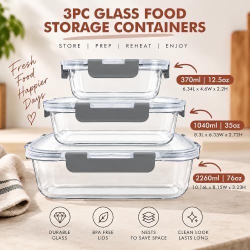 Razab 3 Pack Borosilicate Glass Meal Prep Containers with Airtight Lids - Image 2