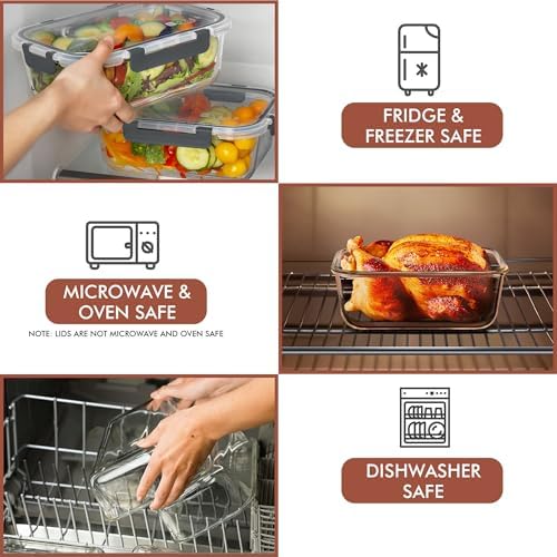 Razab 2 Pcs 1860ml / 63 Oz Large Glass Food Storage Containers with Lids - Glass Meal Prep Containers with Locking Lids for Roasting, Storing Leftover, Lunch Container, BPA Free, Microwave & Oven Safe - Image 5