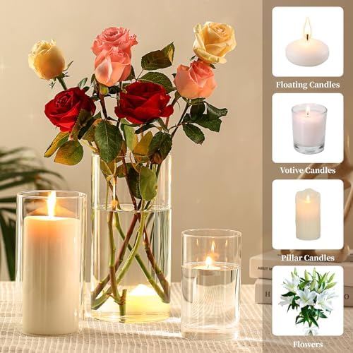 PHOSPHOR Hurricane Candle HoldersFor Pillar Candle Clear Glass Cylinder Centerpieces Vases Table Decoration Centerpiece Floral Room Decor Clear Seeded Bubbles Living Dining 3 Pieces - Image 3