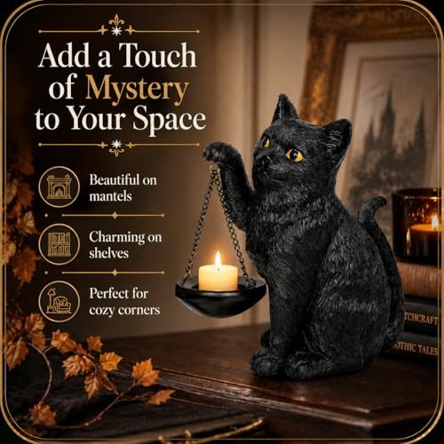 Gothic Black Cat Lamp with Tealight Candle Holder Cat Statue Halloween Decorations Indoor Gothic Home Decor for Living Room Tabletop Shelf Bedroom Unique Goth Witchy Gifts Decor - Image 4
