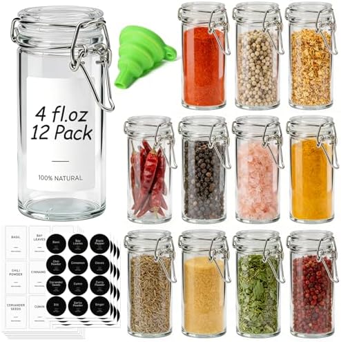 ComSaf Small Glass Spice Jars with Airtight Lids 4 oz 12 Pack with Labels by ComSaf