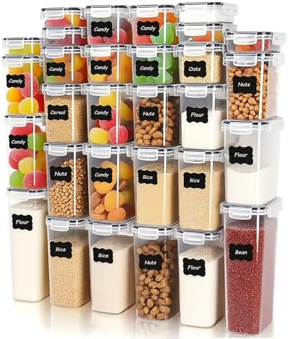 30 PCS Airtight Food Storage Containers with Lids, Plastic Kitchen and Organization Canisters for Cereal, Dry Food, Flour and Sugar, BPA-Free, PVC-Free, Includes Labels & Marker by Asnews