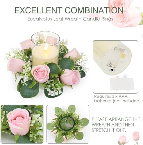 Pink Rose Candle Rings with Flameless Candles Sets - 12PCS Artificial Flower Eucalyptus Wedding Centerpiece 3 Inch Pillar Candleholders Wreaths for Wedding Party Decor (Pink - 6 Sets) - Image 3