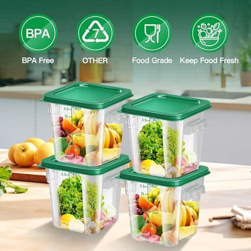4 pcs 4qt Food Storage Containers with Lid, Square Clear Commercial Food Storage Containers with Handle and Scale for Food Storage in Home Kitchen & Dining (Green) - Image 2