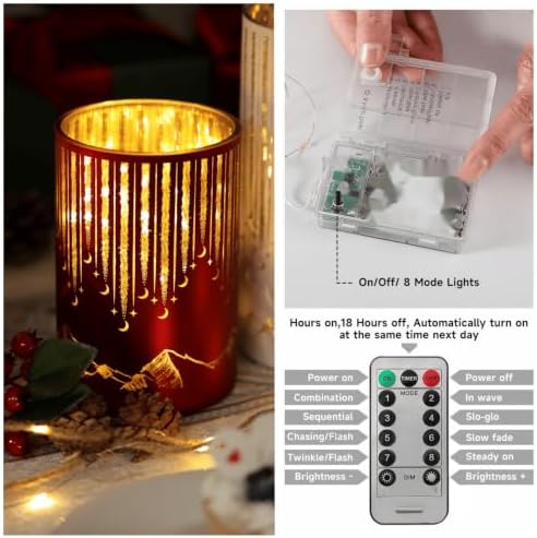 Starry Night Elegant Hurricane Candleholders with LED Flickering Lights & Remote Timer, Decorative Glass Hurricanes for Indoor Table Centerpieces & Year-Round Home Decor, Set of 3 (Red) - Image 6