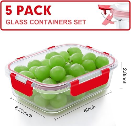 VERONES 5 PACK 36 OZ Glass Meal Prep Containers Set with Lids, Red - Image 2