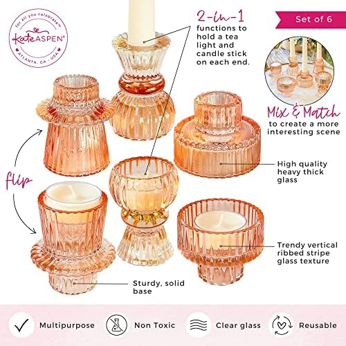 Kate Aspen Glass Taper Candle Holder Set of 6 - Rose Gold Ribbed Vintage Candlestick Votive Pillar Decorative Centerpiece for Dining Table Shelf Decor - Image 6