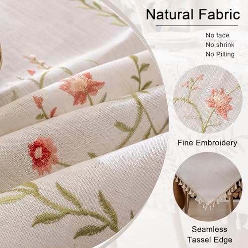 Joyfol Day Linen Spring Flowers Tablecloth with Tassels, Rustic Farmhouse Embroidery Waterproof Table Cloths for Rectangle Tables, Heavy Weight Spill-Proof Table Covers, Pink Florals, 55''x 86'' - Image 4