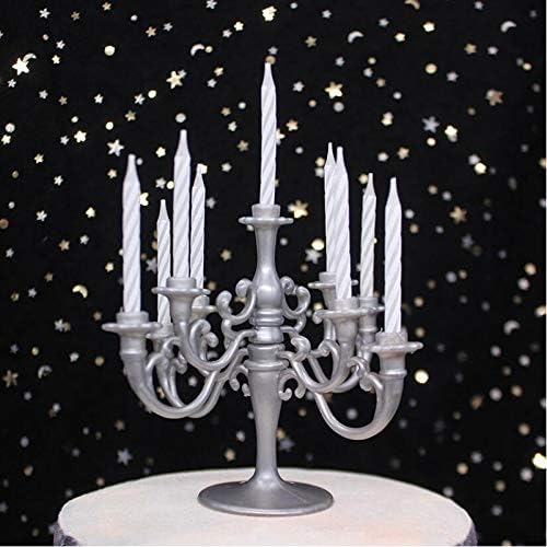 Mini Plastic Candle Holder Stand with 7Pcs Candelabra Taper Beautiful Vintage Candlestick Cake Topper Desk Ornament for Wedding Event Birthday Party Candelabra Cake Topper Silver by CheeseandU
